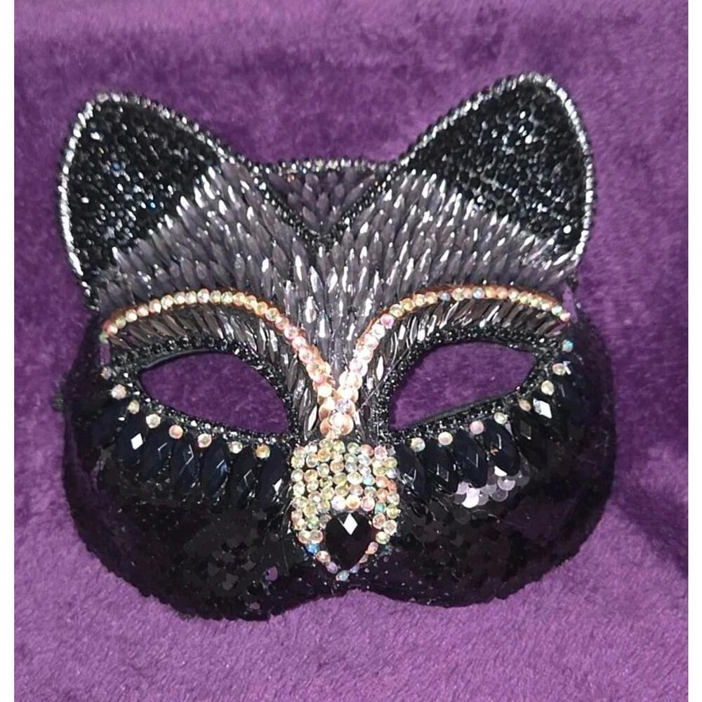 Black & White Crystal Gunmetal Tone Cat Masquerade Mask, Off Park Collection